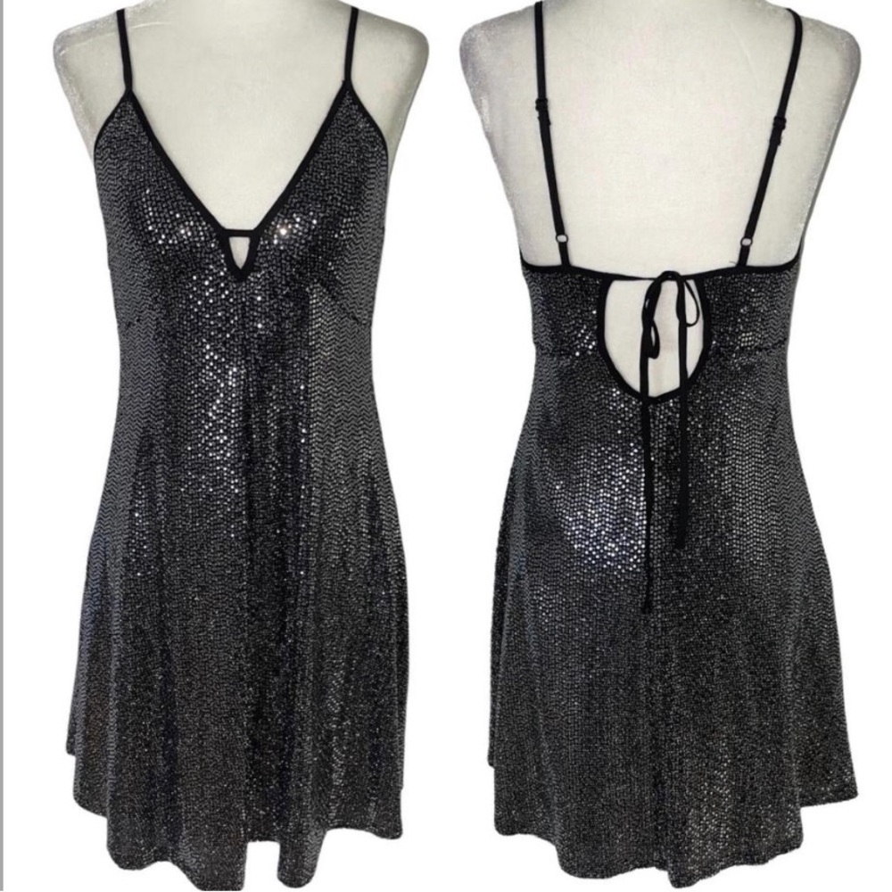 Band of Gypsies Sequin Black & Silver Cut Out Slip Tie Back Dress